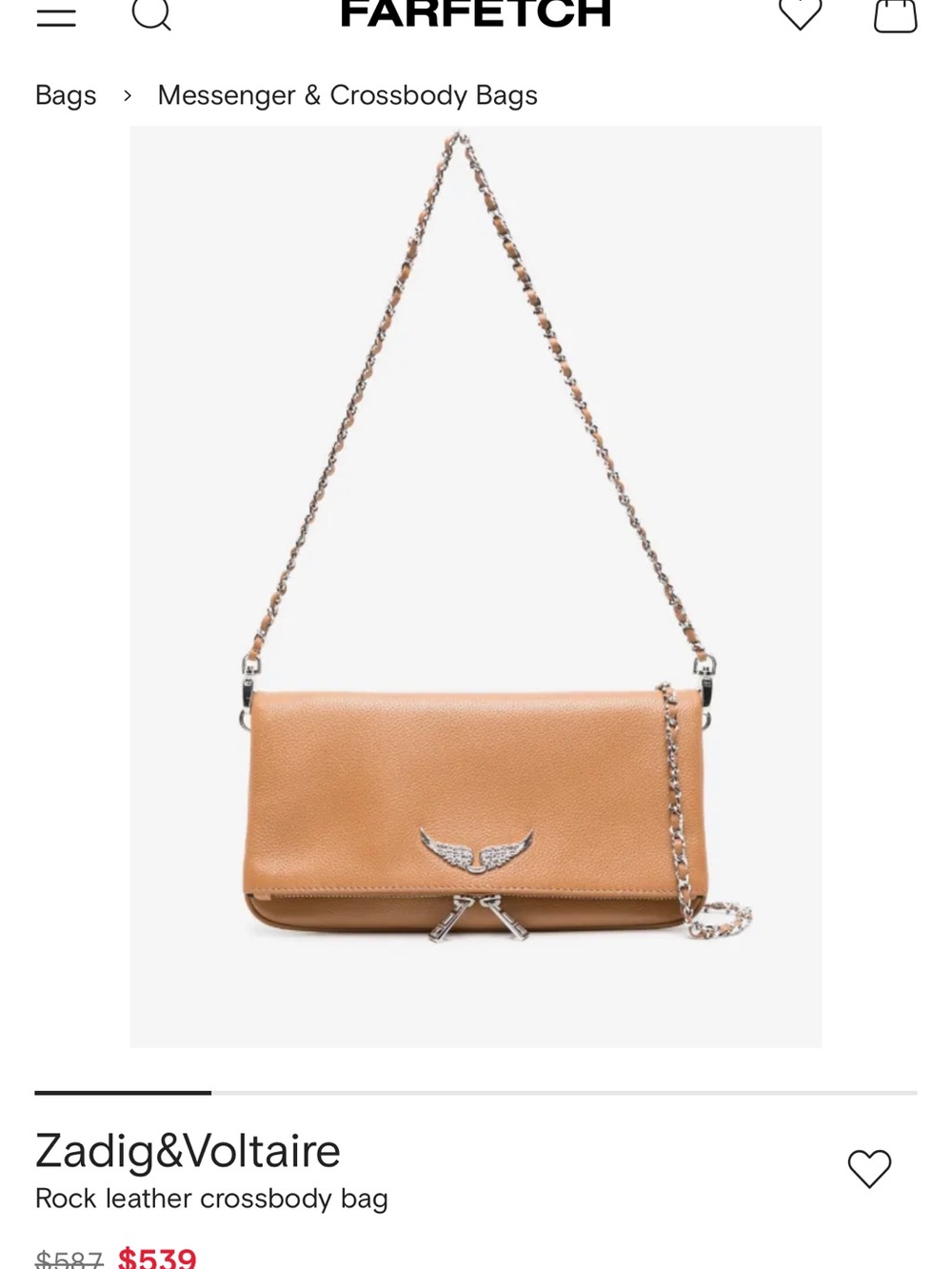 Zadig & Voltaire Tan Leather Rock Crossbody with Silver Chain